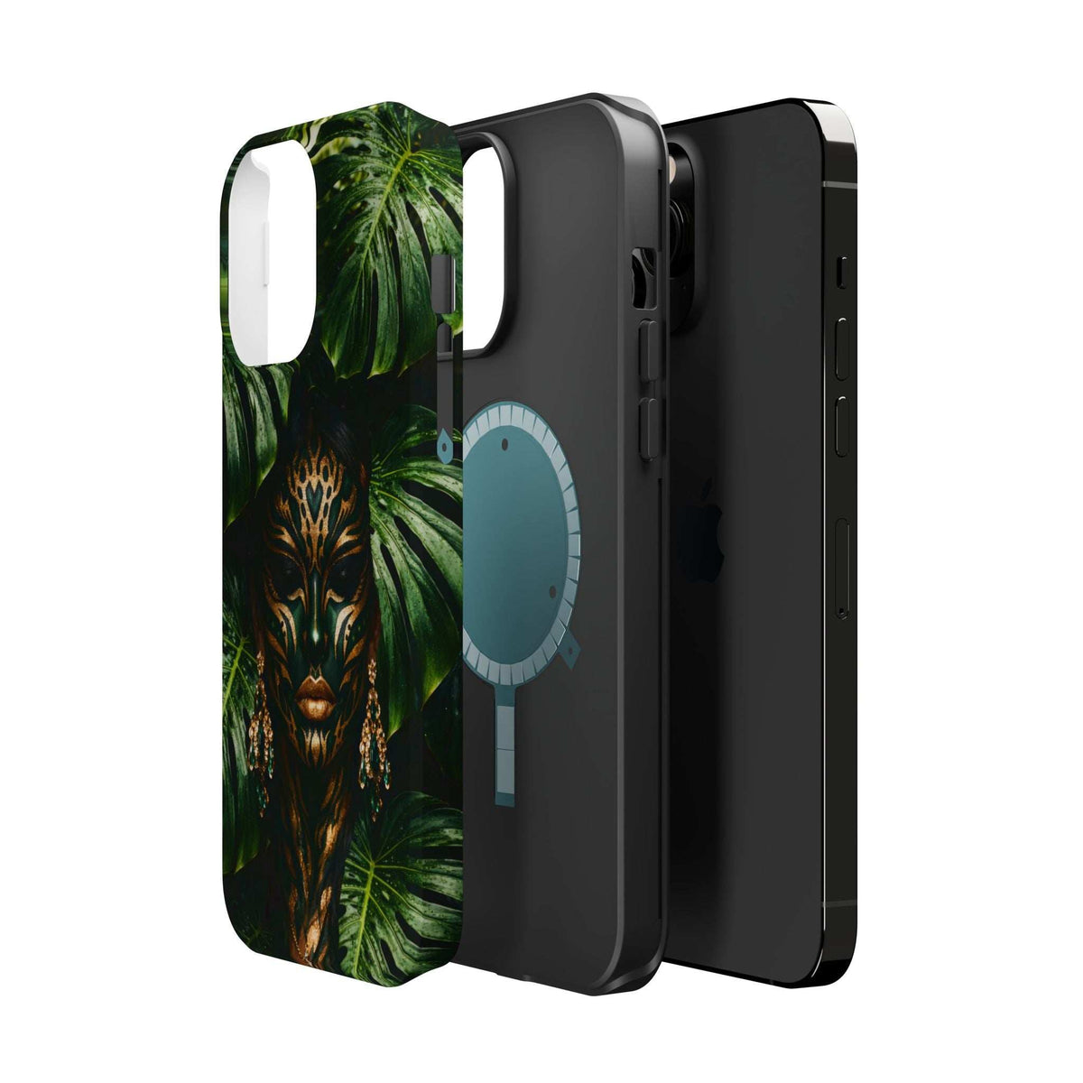 Jungle spirit phone case for iPhone 13-17 with glossy black sides and jungle spirit artwork.