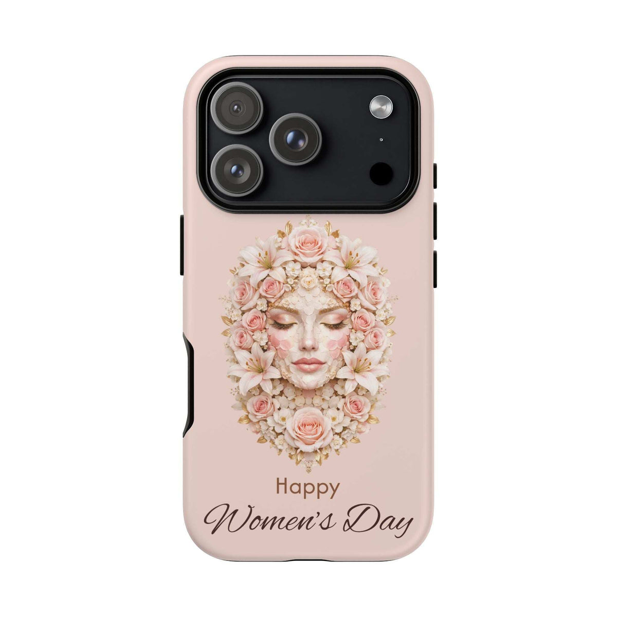 Light pink phone case with floral woman portrait, 'Happy Women's Day' and camera cutouts