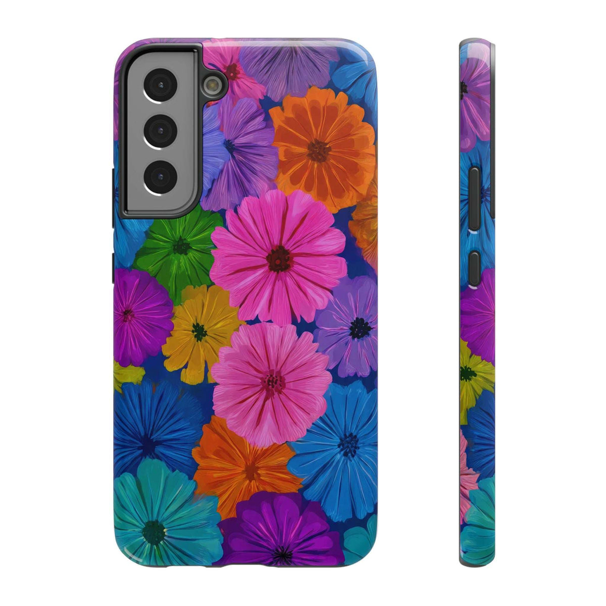 Multicolor floral phone case with black camera cutout, angled back view