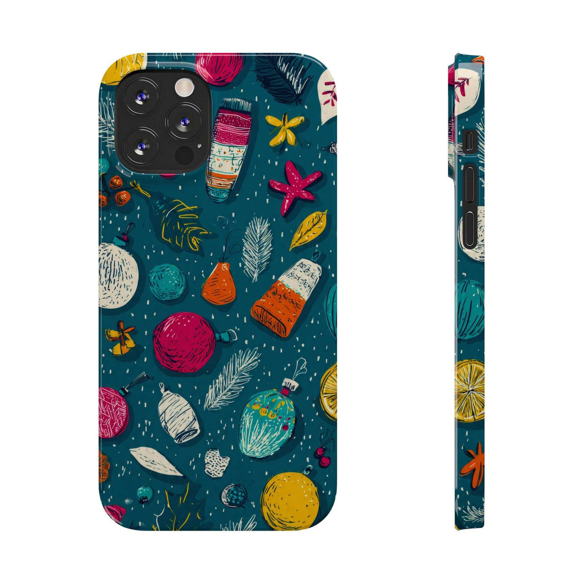Teal winter-themed phone case back with camera cutouts and colorful seasonal motifs