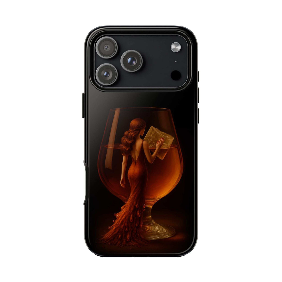 Midnight lady phone case, glossy black back with triple camera cutouts and artwork