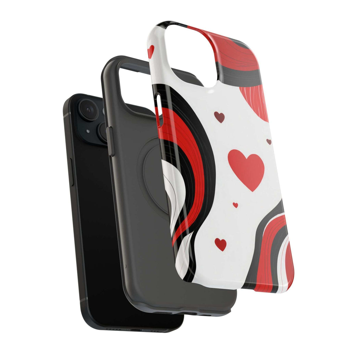 Phone case with raised edges and camera openings; red, black, and white hearts swirl design.