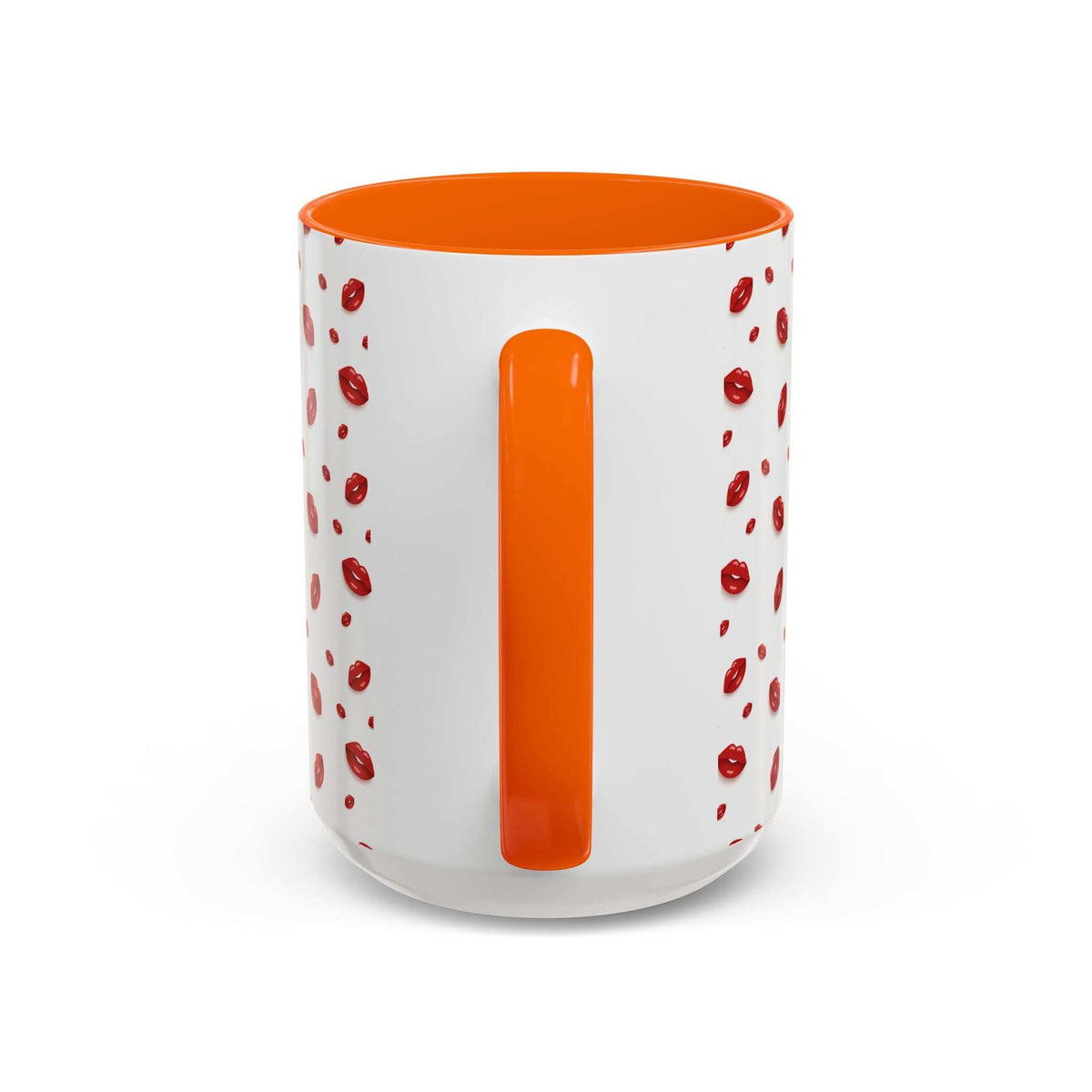 Orange-accent coffee mug with red lips pattern and vertical orange accent panel