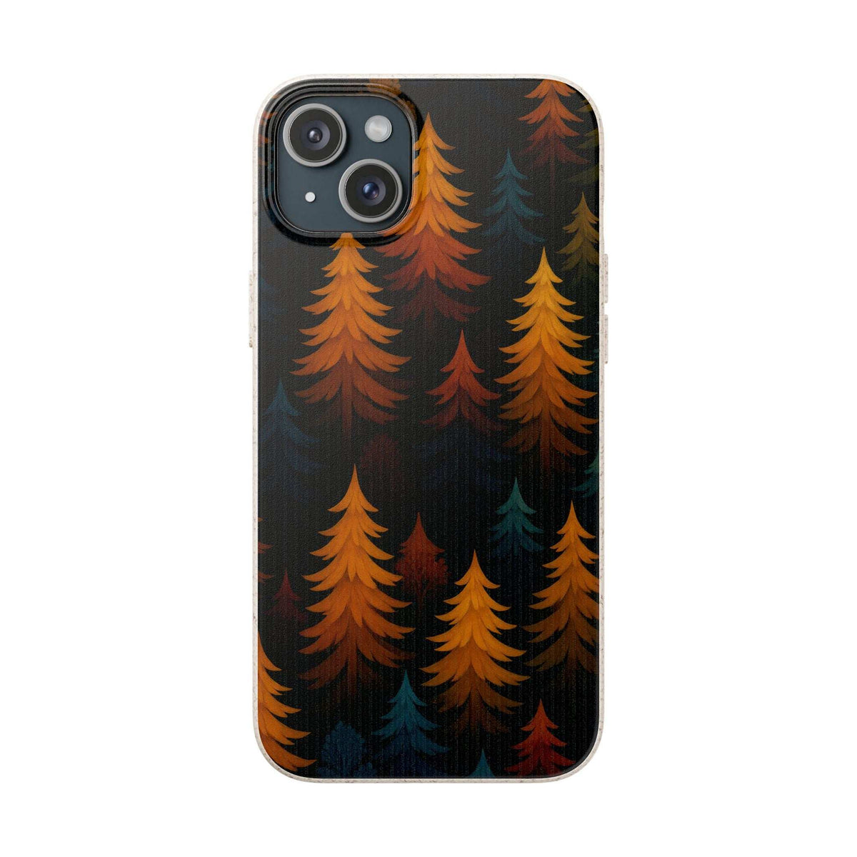 Biodegradable phone case with dark forest tree pattern and dual-lens camera cutouts