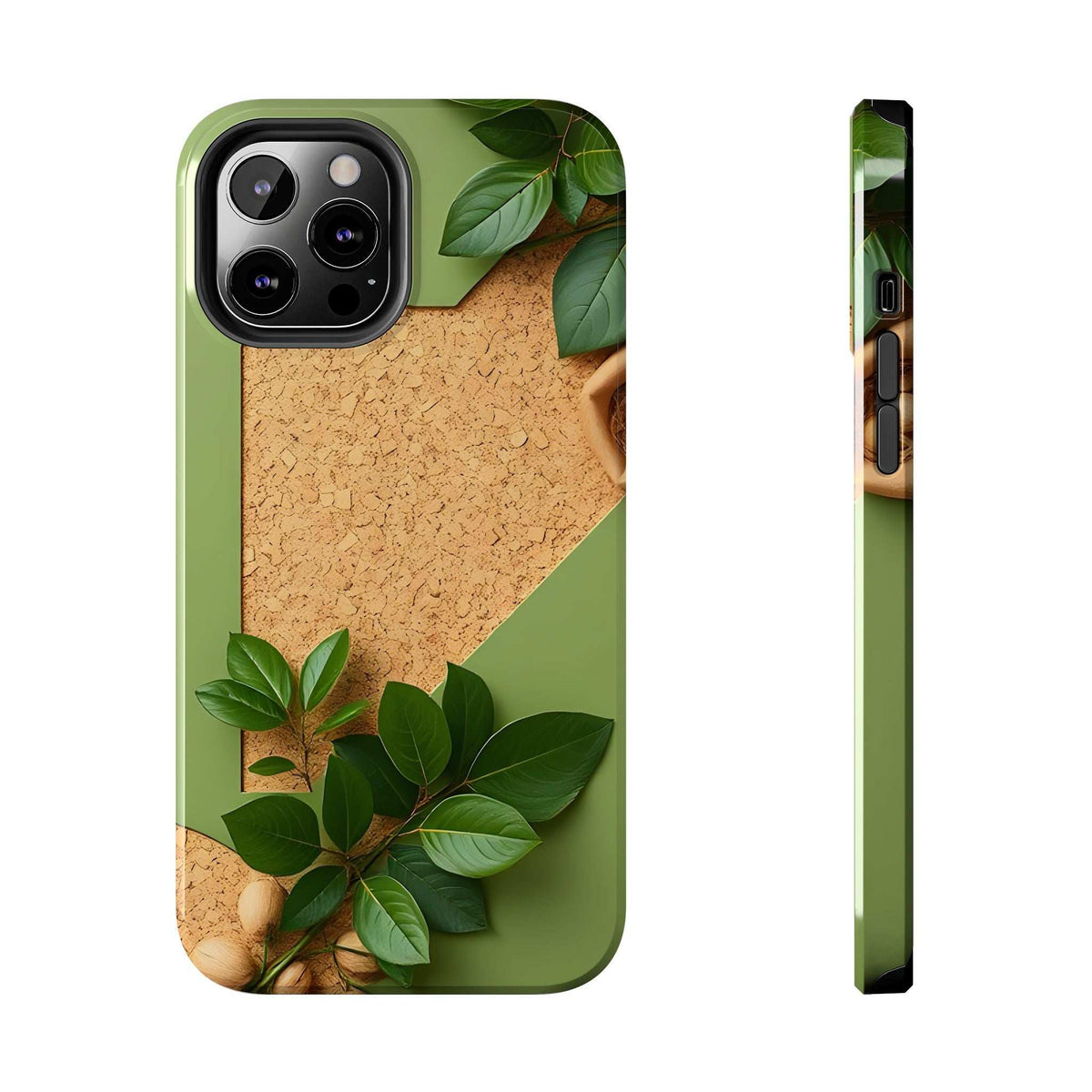 Eco phone case front and side view; green case with tan cork texture and leafy details