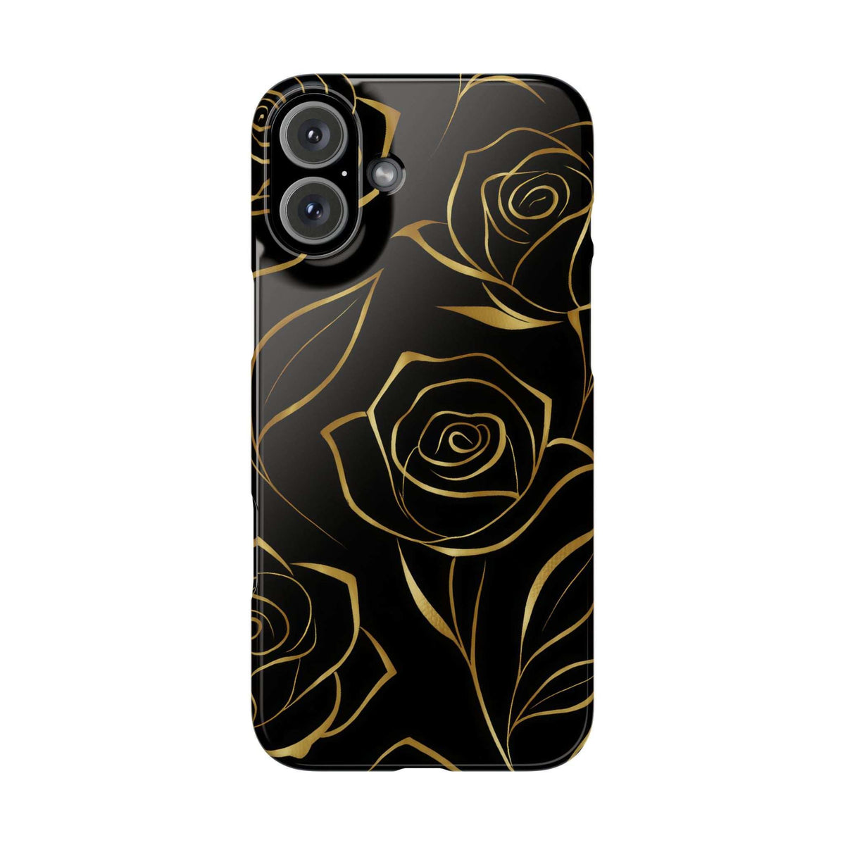 Black phone case with gold rose line art, single back view with camera cutout.