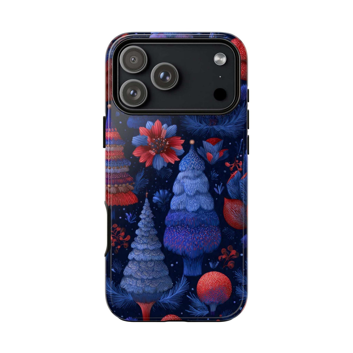 Glossy midnight blue Christmas forest phone case with pine trees, poinsettias and red ornaments.