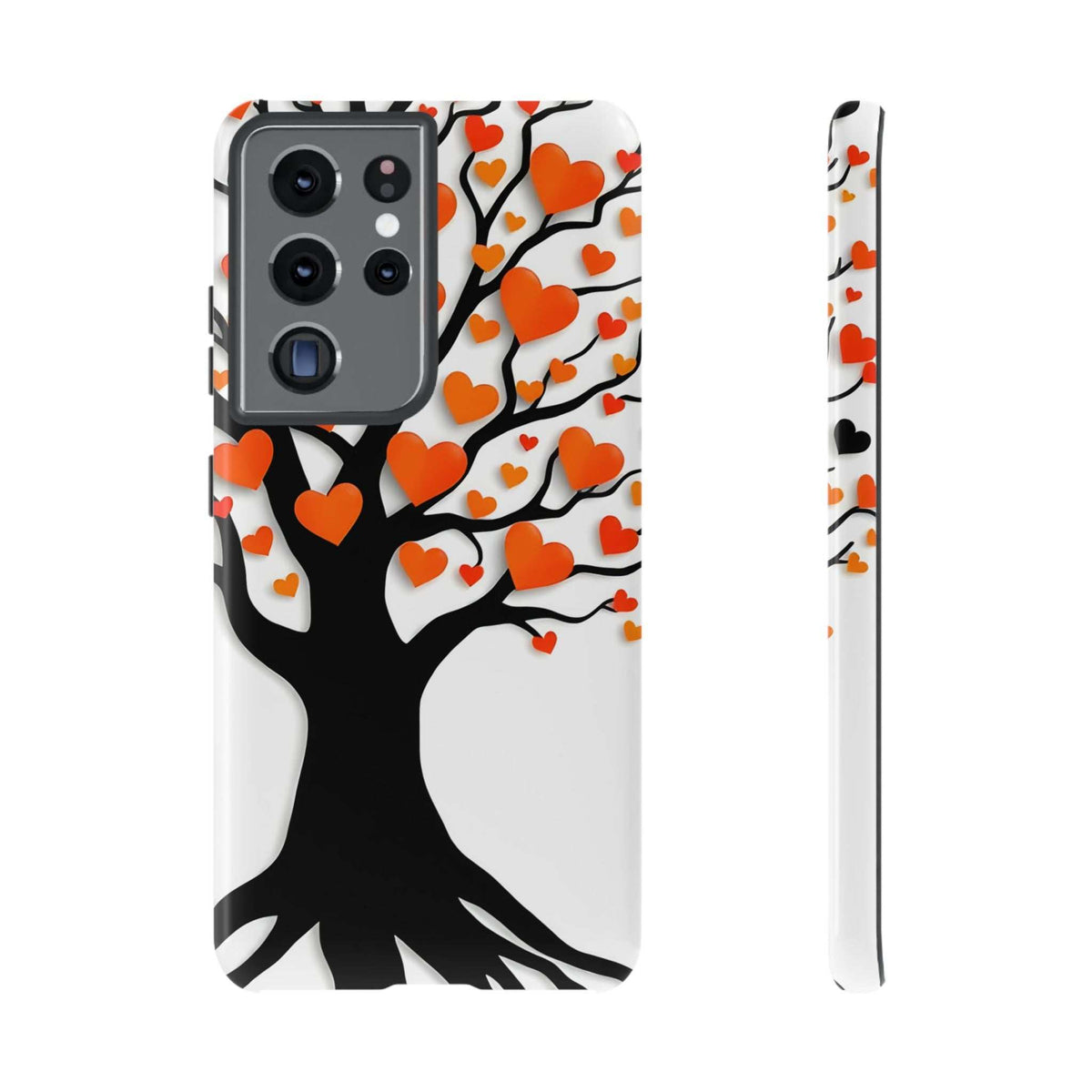Heart tree phone case with orange and red hearts on white; front and side with camera cutouts