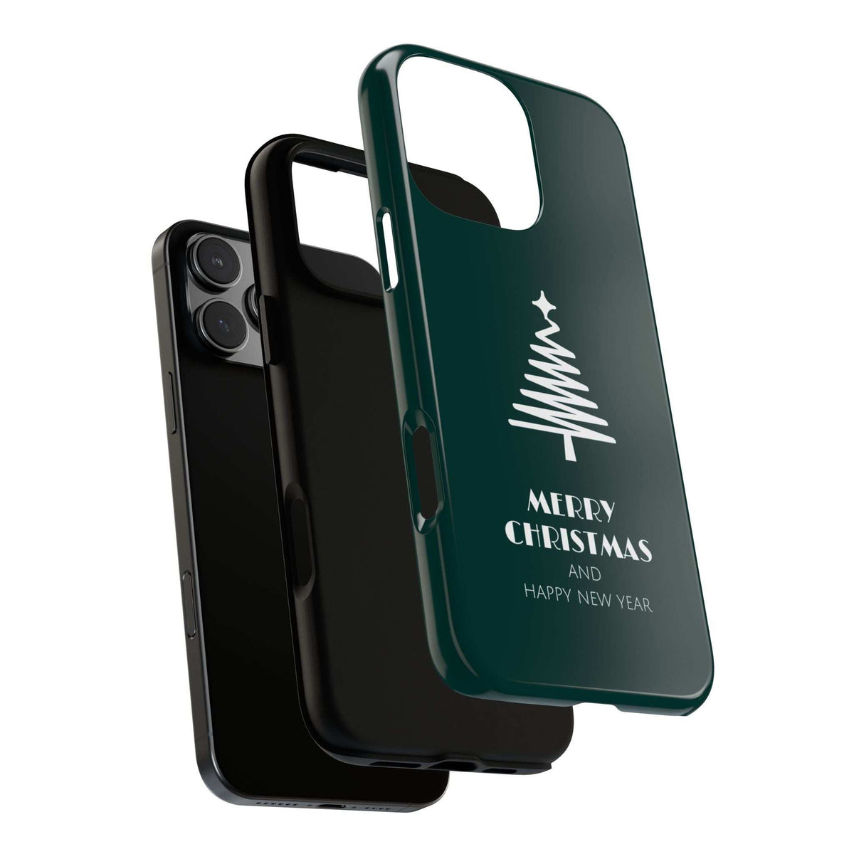 Teal glossy phone case with raised edges and white Christmas tree Merry Christmas