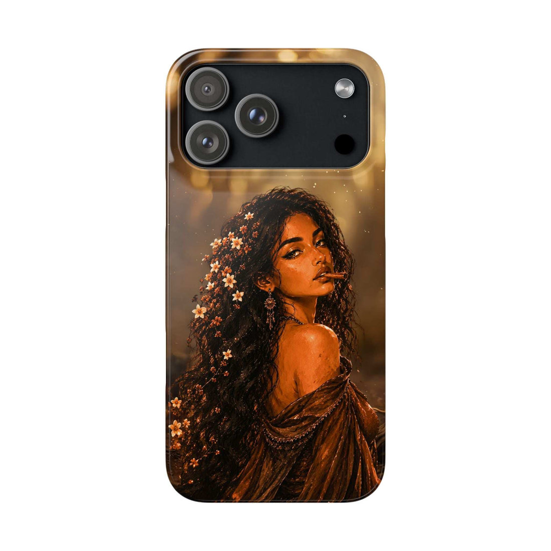 Glossy phone case with dark portrait of a woman with floral details and camera cutouts