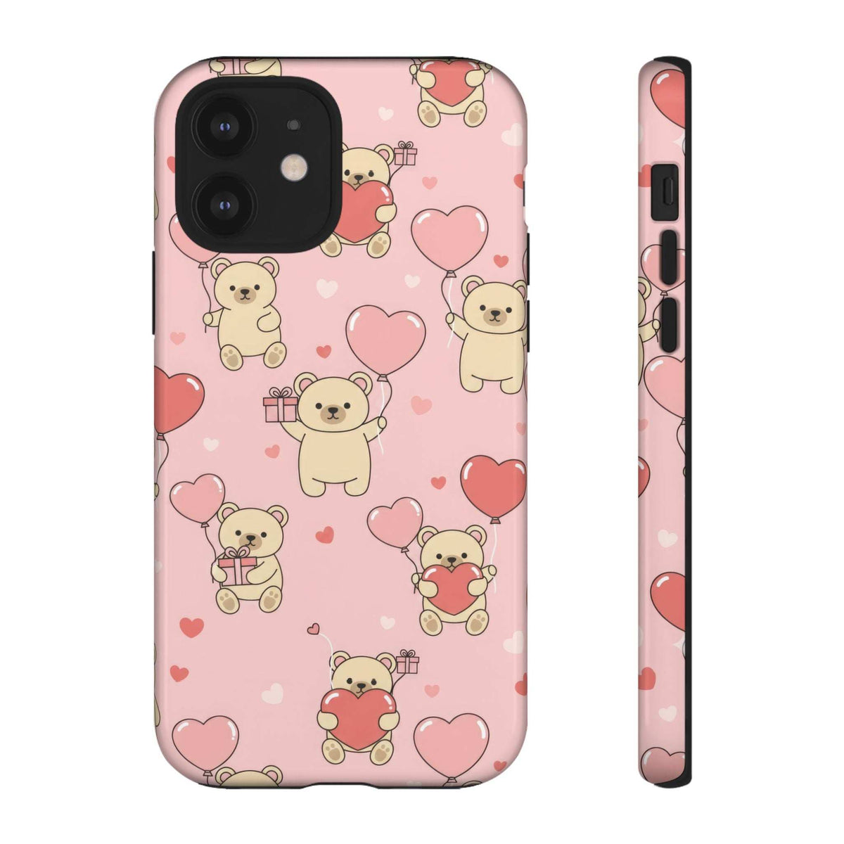 Pink phone case with teddy bear and heart pattern, back view with camera lens cutout