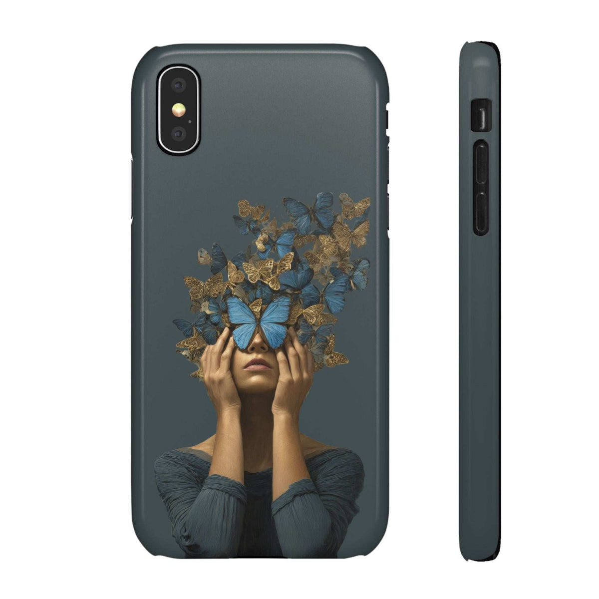Dark gray phone case with butterfly face graphic on the back; camera lens cutout