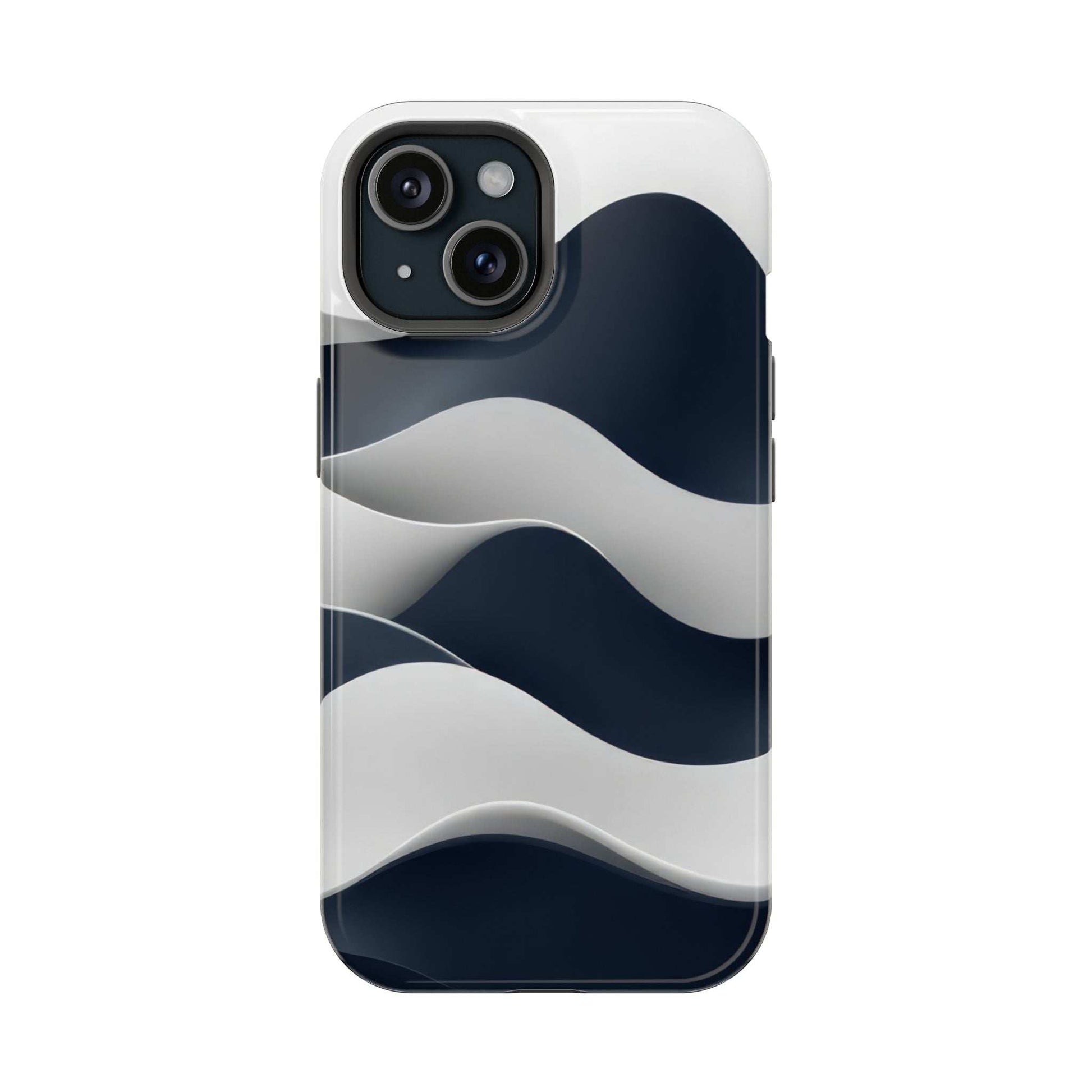 Glossy phone case with navy and white wave pattern; clear edges and multi-camera cutouts
