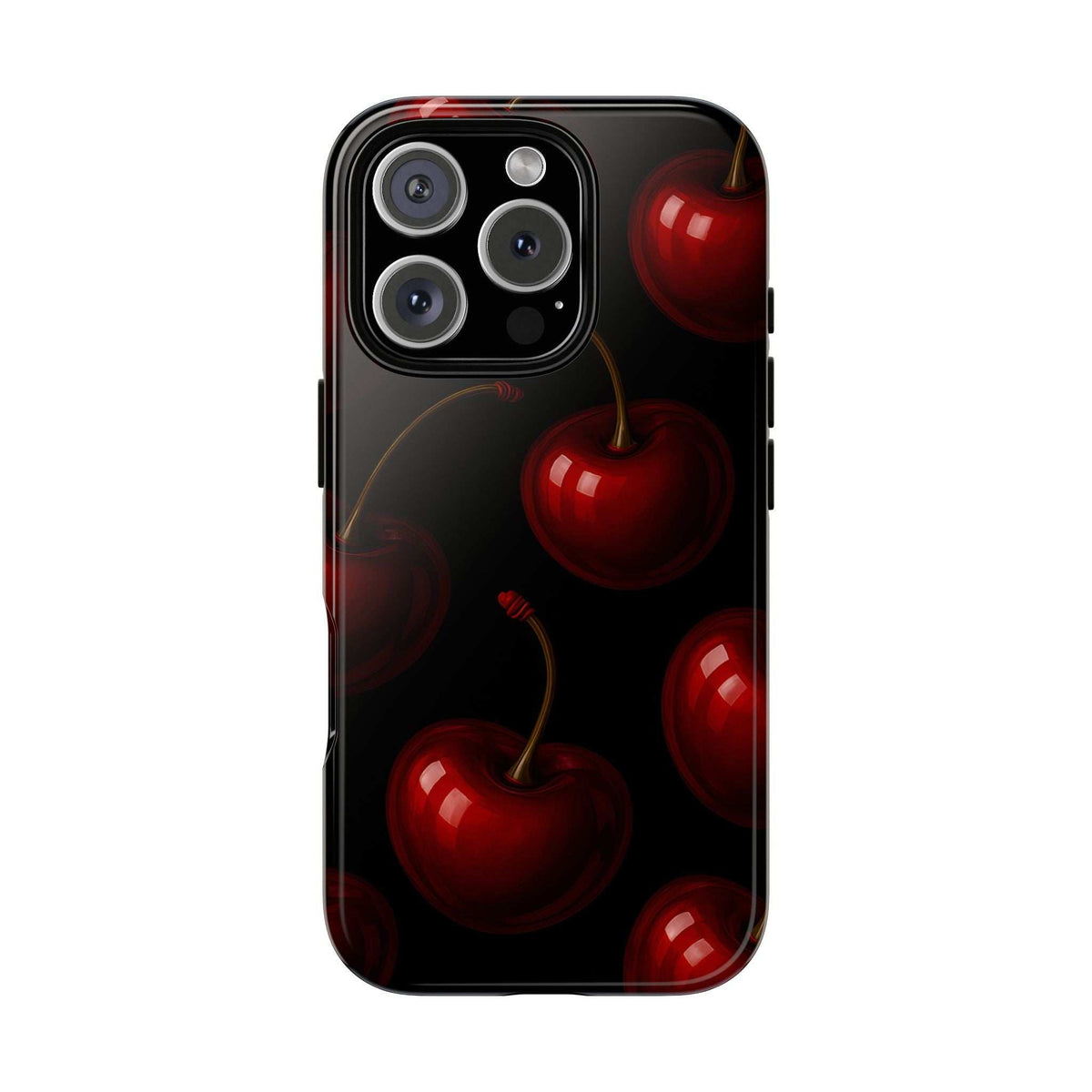 Glossy phone case with red cherry pattern, cutouts for camera and buttons