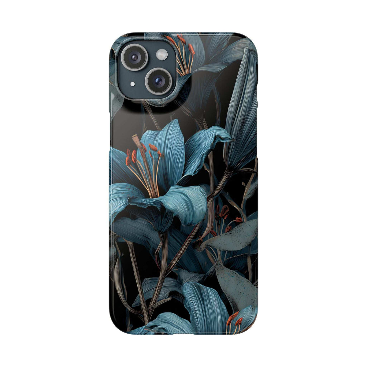Blue and teal floral phone case with dual-camera cutout and flash opening
