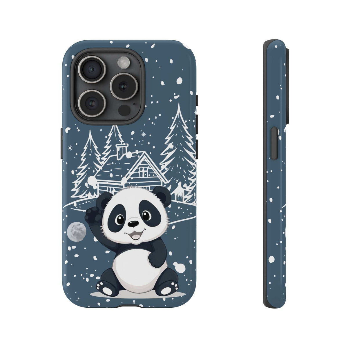 Dark blue panda winter phone case front view with snowy forest trees and cottage