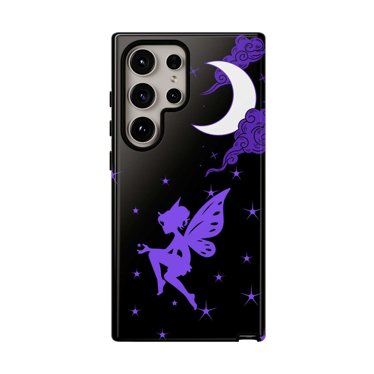 Black phone case with purple fairy and crescent moon; camera cutouts on back