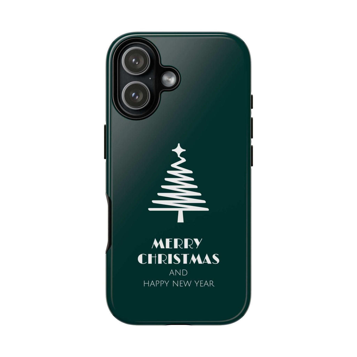 Green phone case with Merry Christmas tree design and Happy New Year text on the back