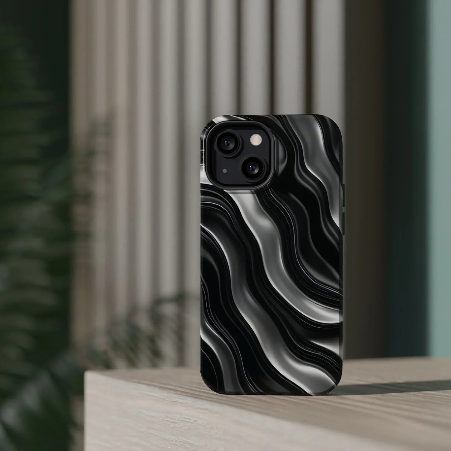 Wavy Illusion Black & Silver MagSafe® Tough Phone Case - KarArmDesign