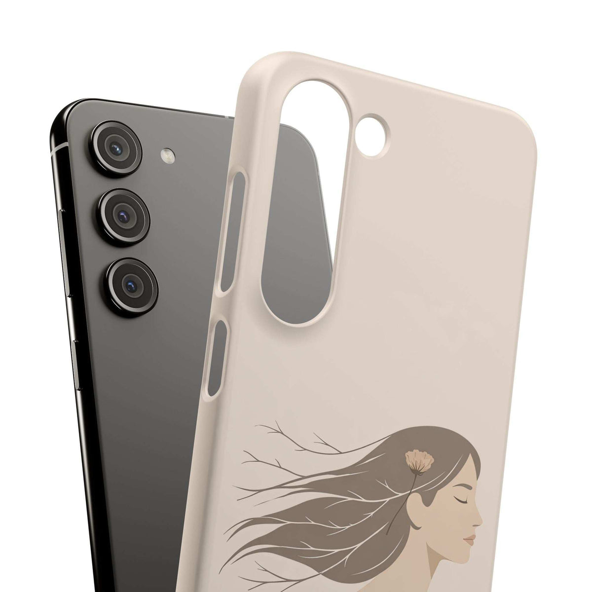 Cream phone case with woman profile line art, camera cutouts, and speaker port