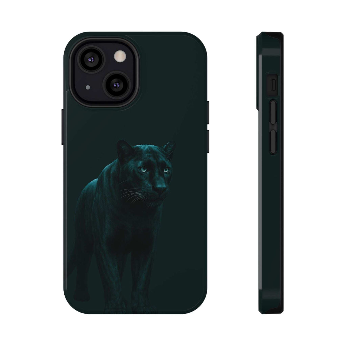 Dark teal phone case featuring a teal panther graphic, with port cutouts on the side
