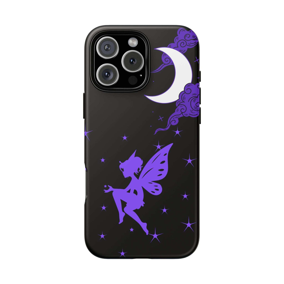Black protective phone case with purple fairy art, crescent moon, and scattered star icons