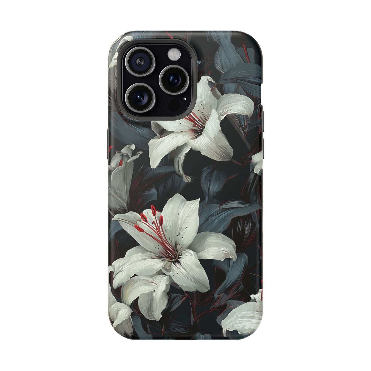 iPhone phone case with white lilies and dark botanical leaves, glossy-looking floral print