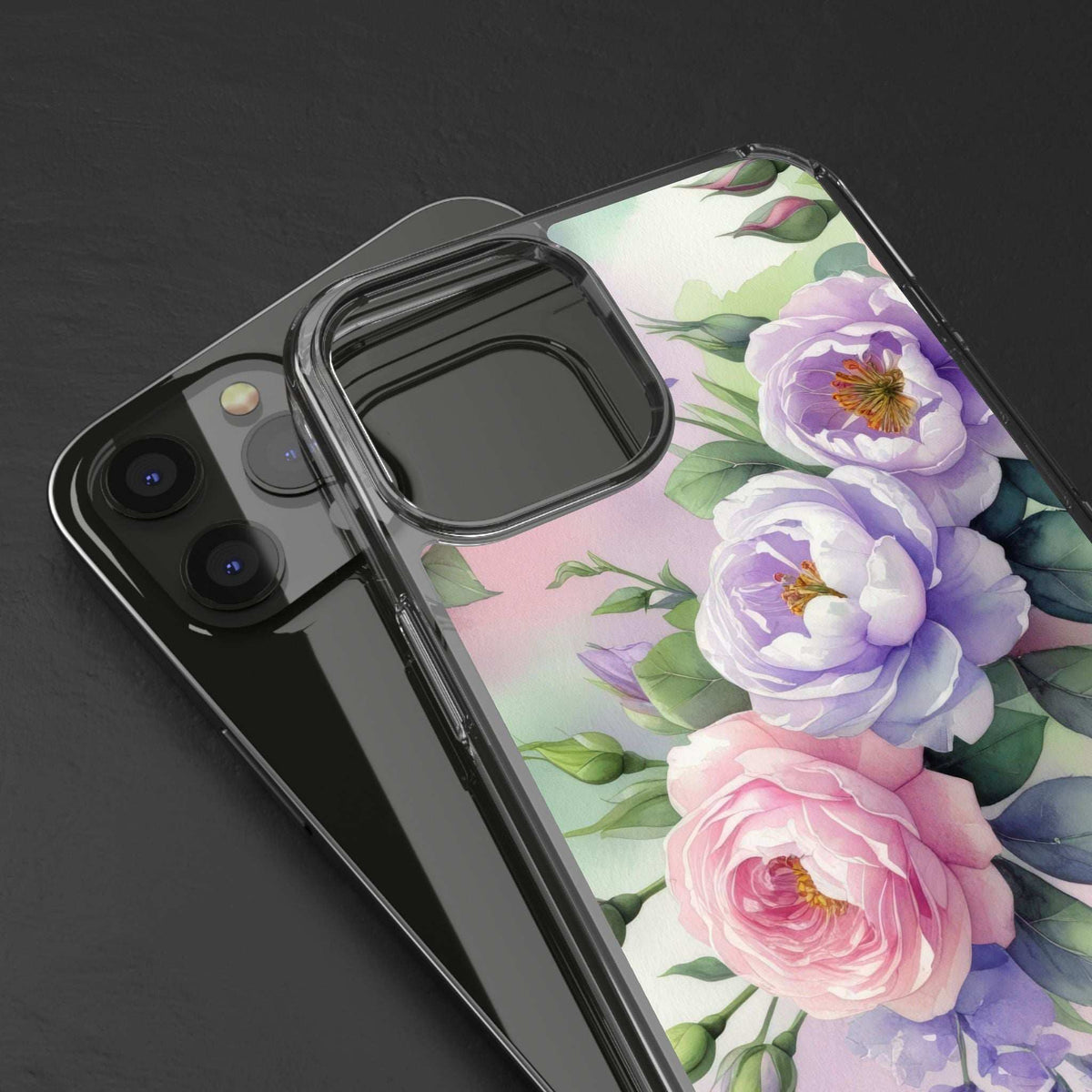 Clear floral phone case with purple and pink peony blossoms, transparent camera cutout
