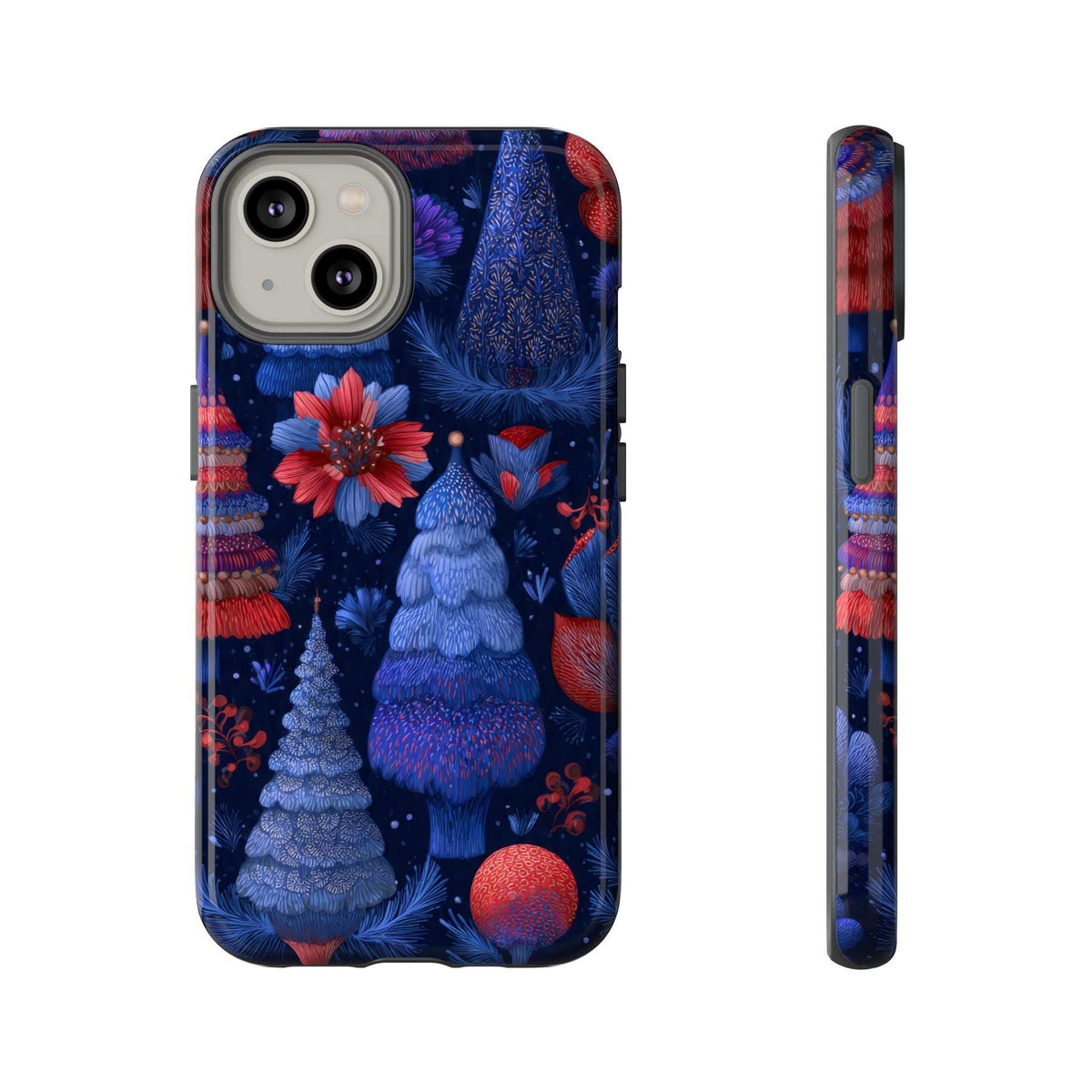 Phone case back with blue forest gnomes and red poinsettia flowers, slim side profile