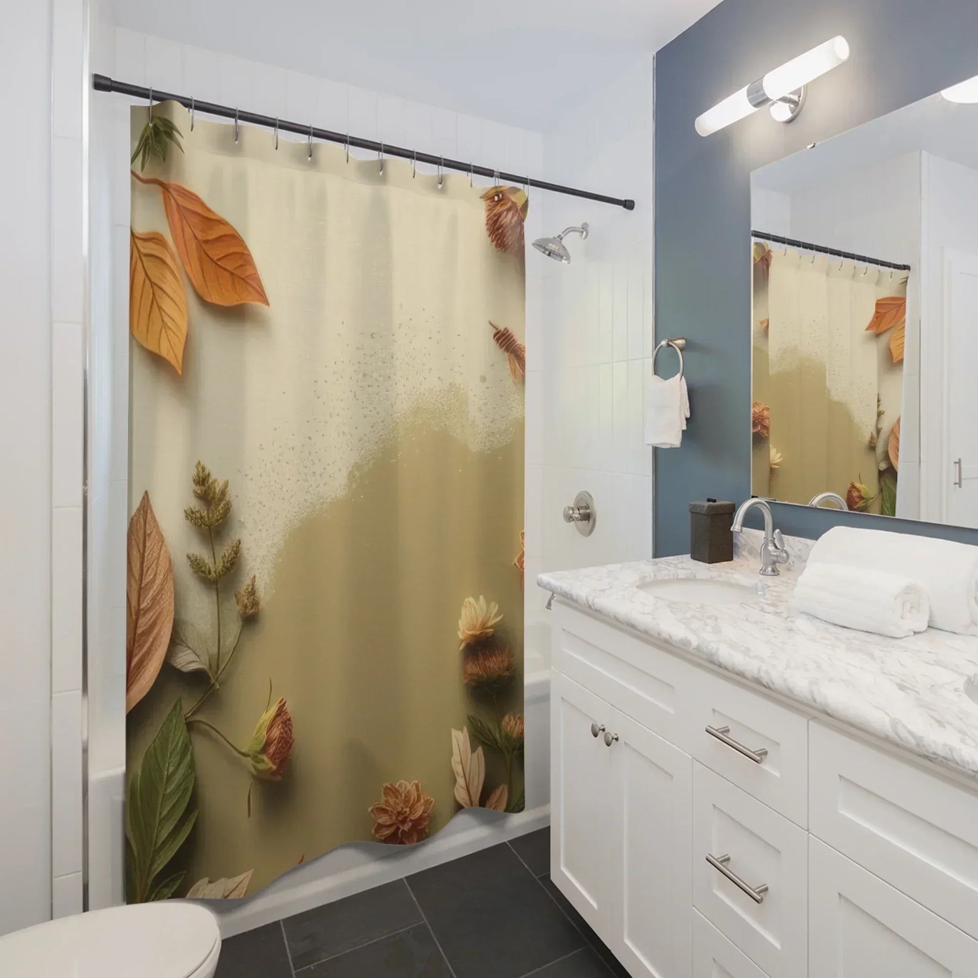 Autumn Leaves & Floral Border Waterproof Fabric Shower Curtain - KarArmDesign