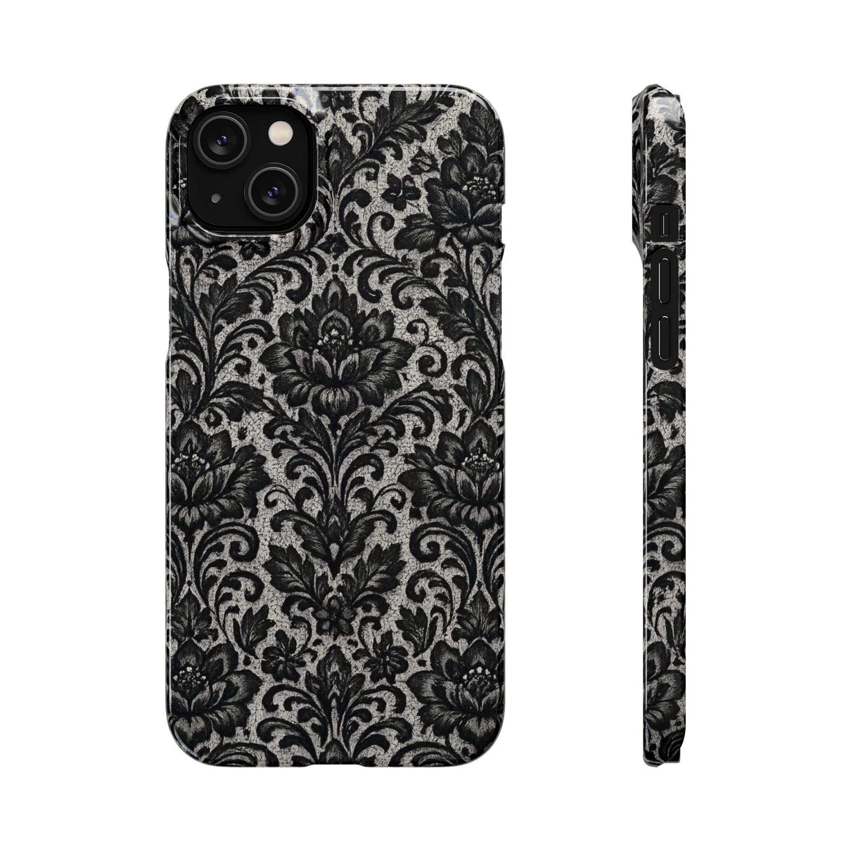Black damask floral phone case with cutouts and raised camera protection, plus side view