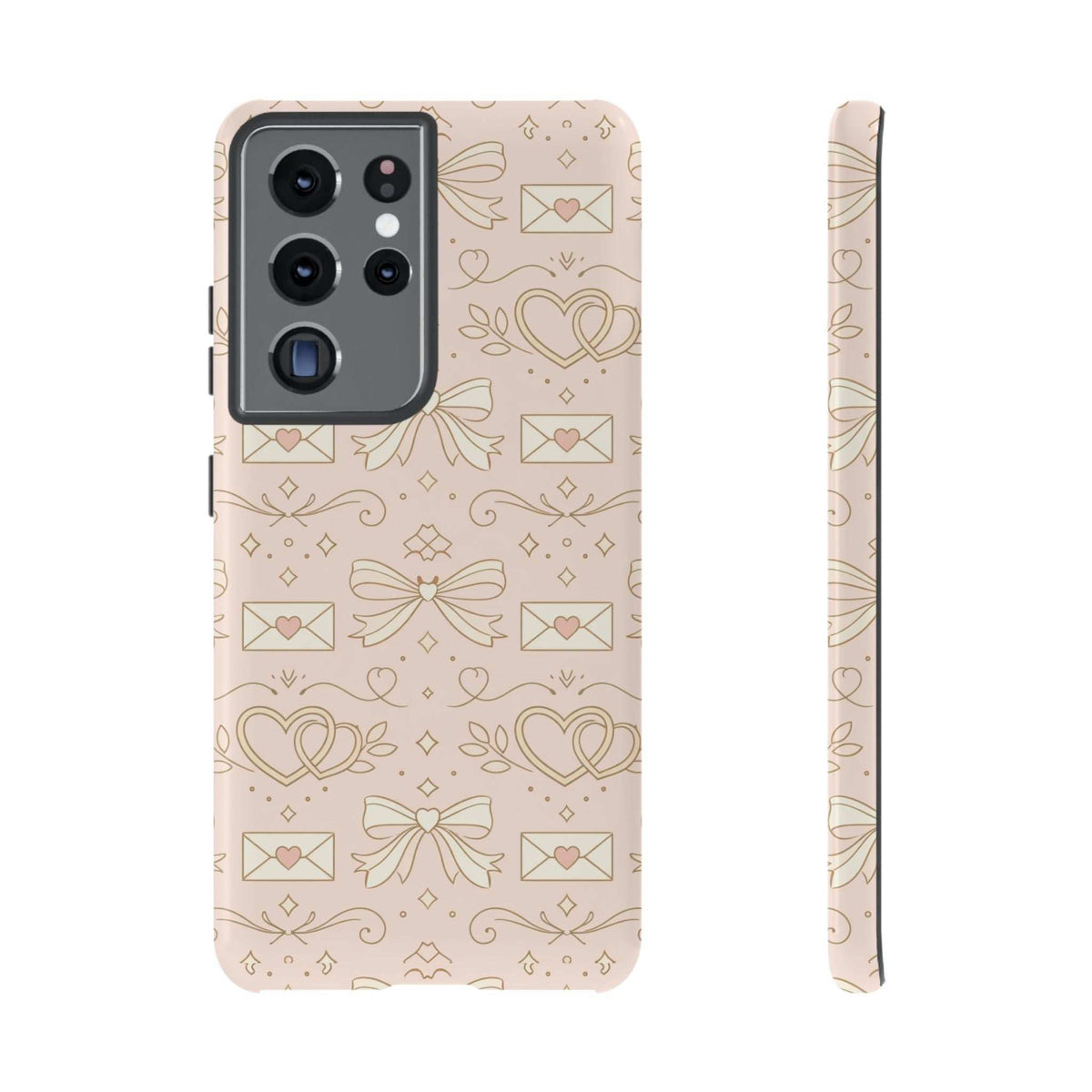 Pink tough phone case with gold heart and bow pattern, close view of camera cutout