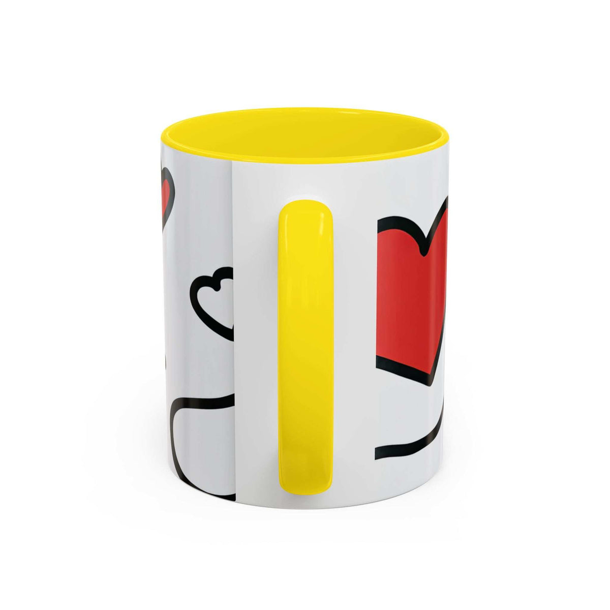 White ceramic mug with yellow rim, heart-themed print and glossy yellow center stripe