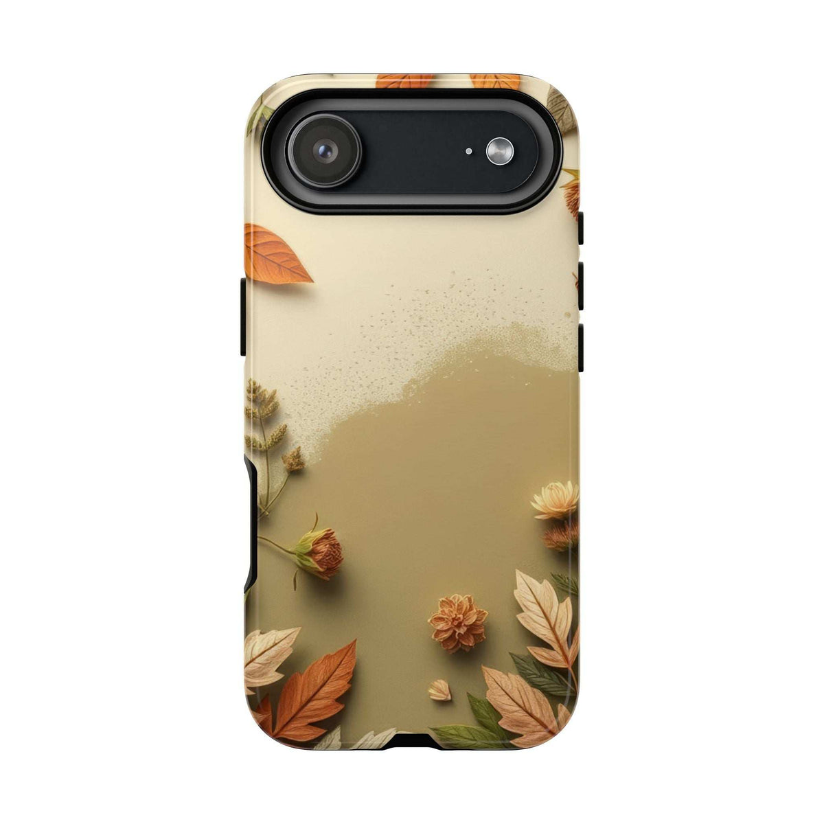 Beige autumn leaves phone case with horizontal camera cutout and fall floral pattern.