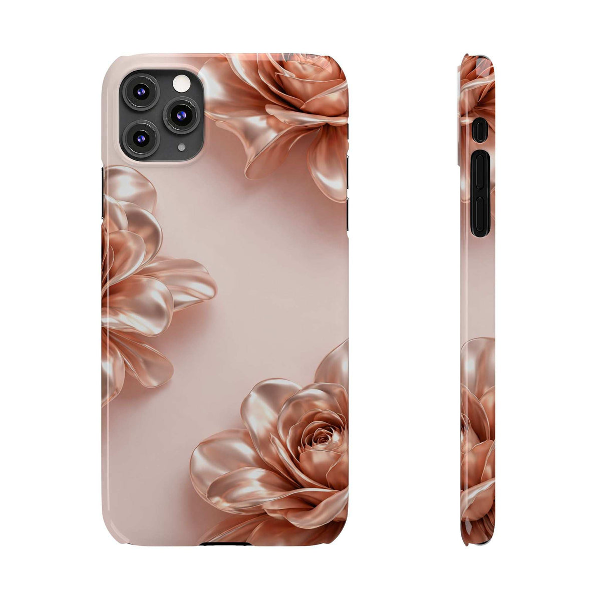 Blush phone case with metallic floral pattern, side profile with port openings