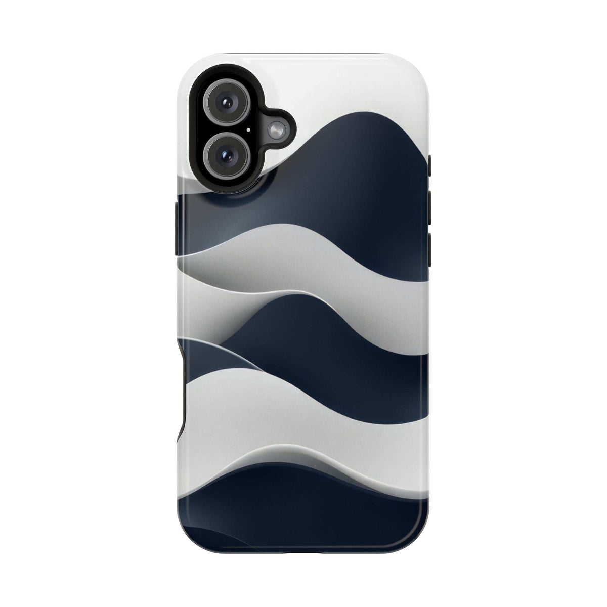 Glossy phone case showing blue and white waves with camera openings and side profile