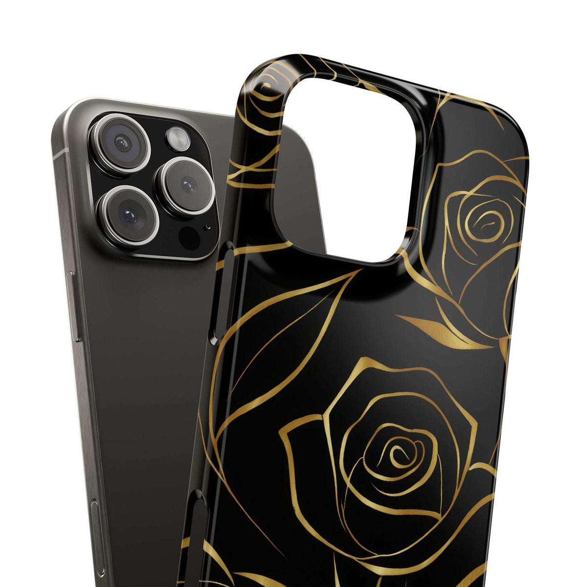 Black phone case with gold rose line art and camera cutouts for iPhone.