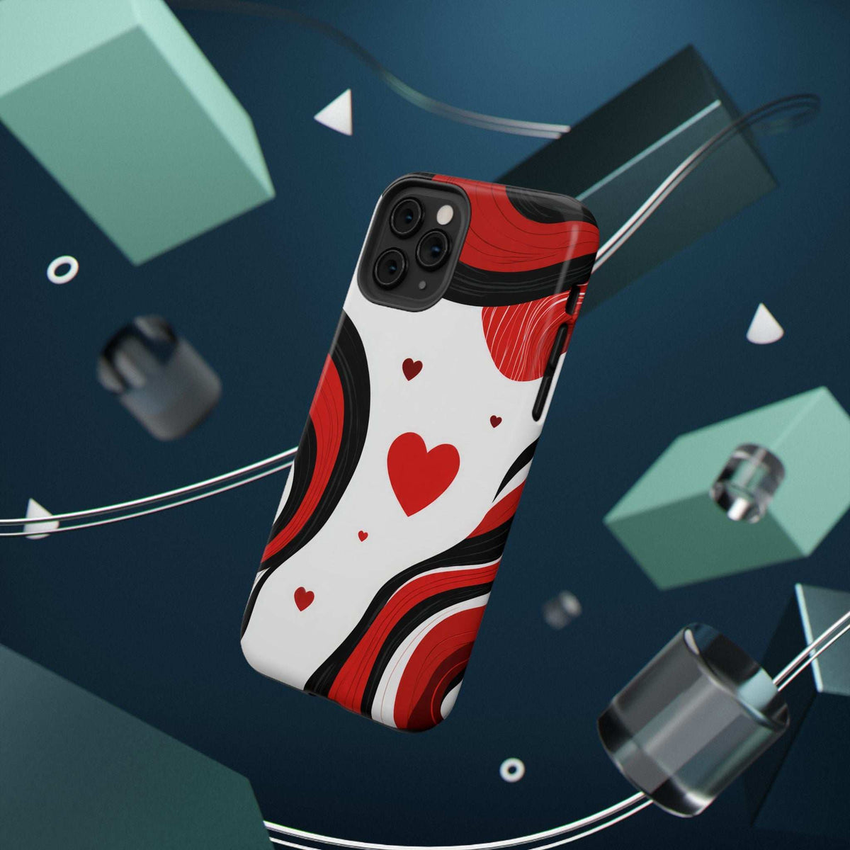 Back phone case with red heart motif and black swirls on white; triple camera cutouts