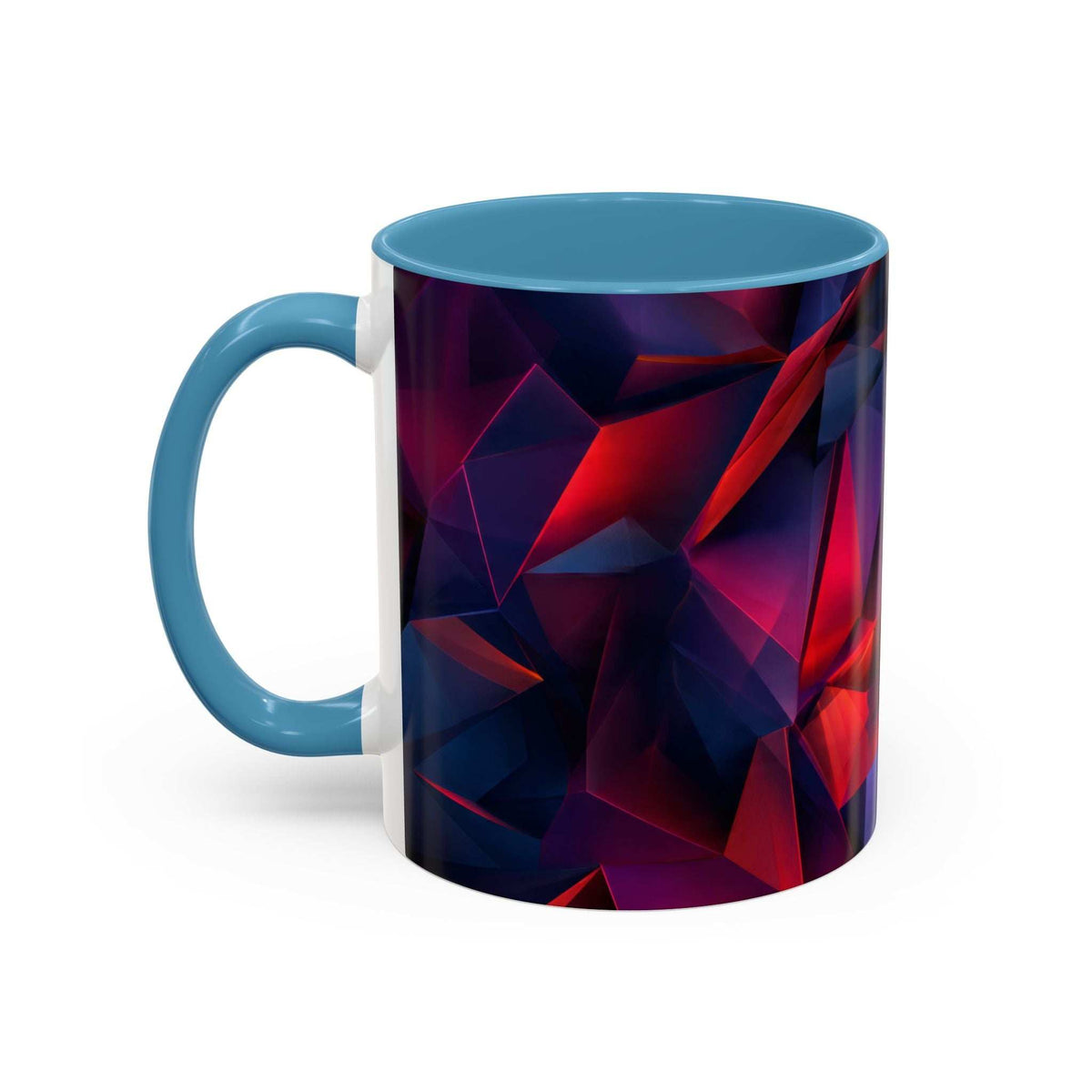 Ceramic accent mug with blue handle and rim; red and purple geometric pattern on sides.