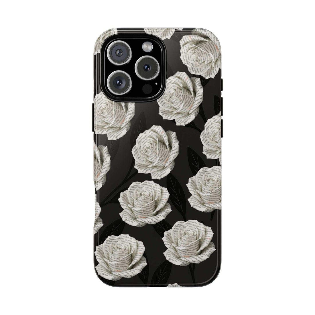 Phone case with black background and white rose pattern, dual lens and camera cutouts