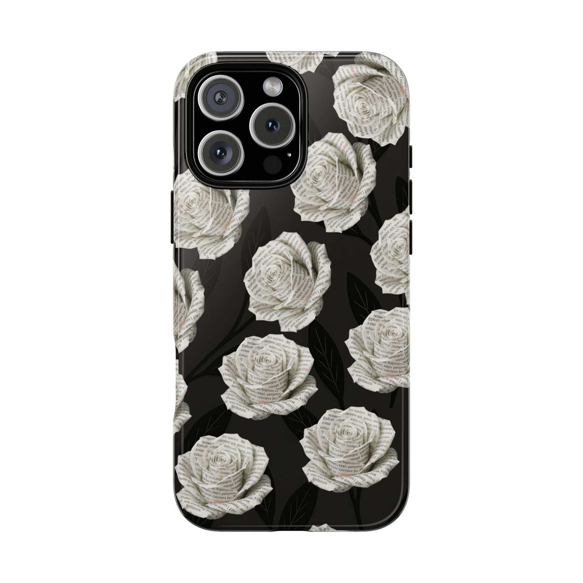 Phone case with black background and white rose pattern, triple-lens camera cutout