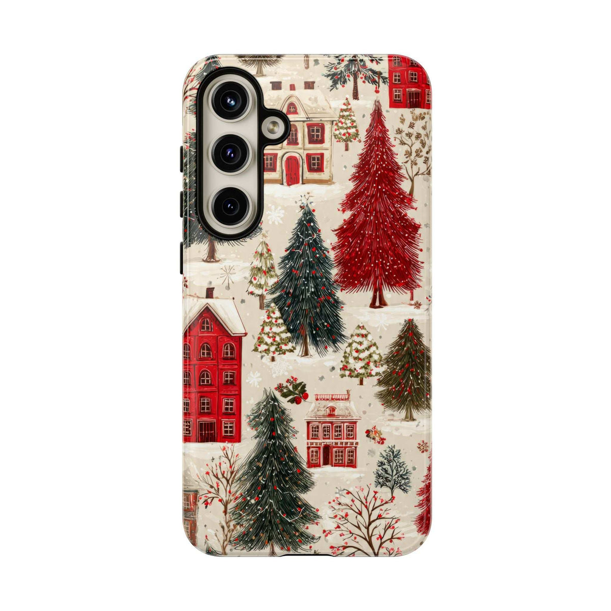 Winter village phone case showing red house facade, snowy evergreens, and camera cutouts
