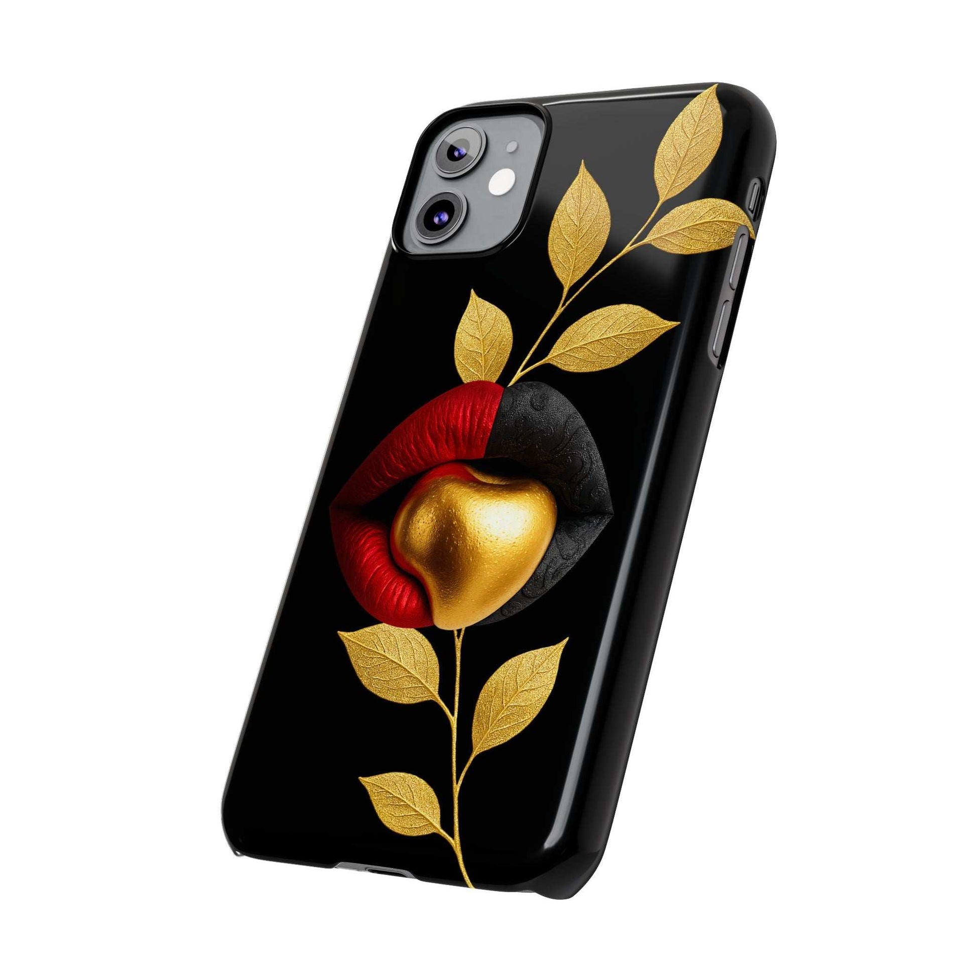 Black phone case with gold leaves and red-and-gold lips motif