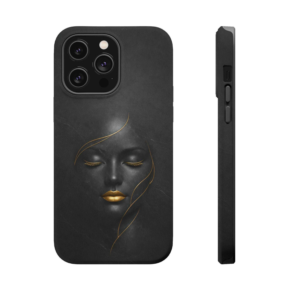 Black iPhone phone case with gold face illustration and camera cutouts