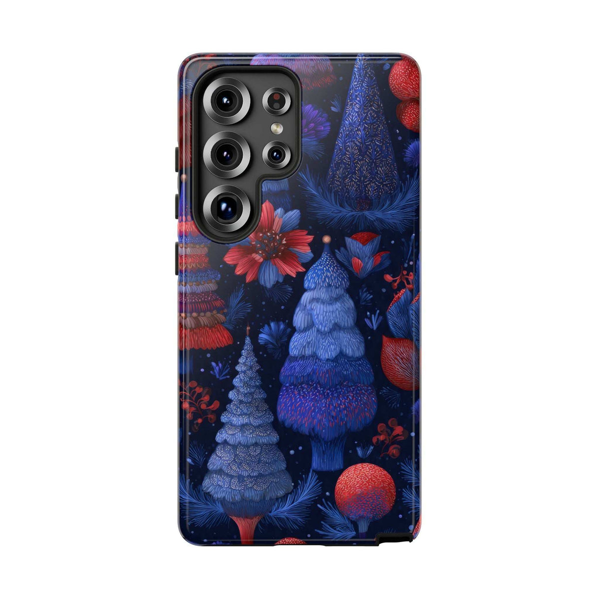 Glossy midnight blue Christmas forest phone case with pine trees and red baubles, side button cutouts.