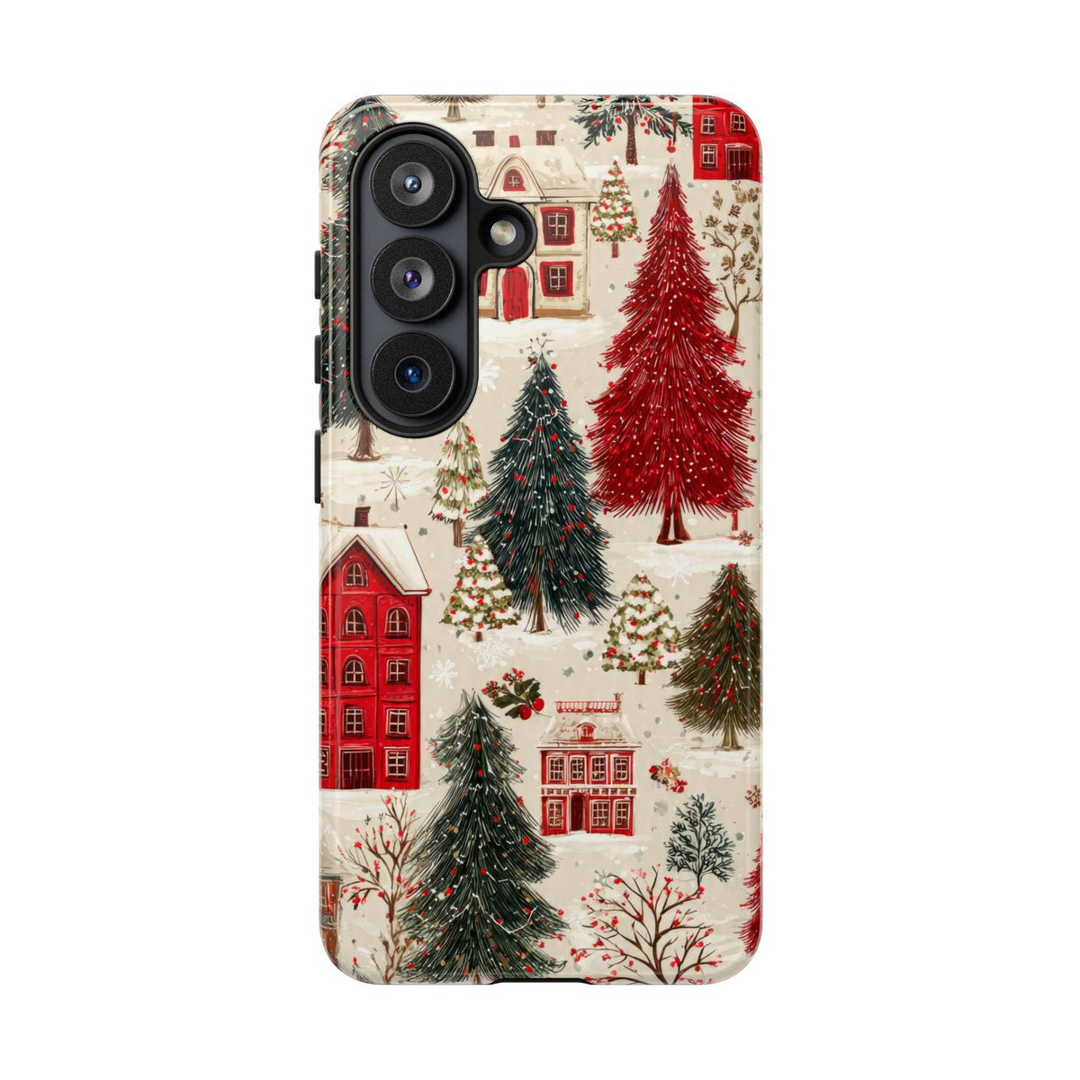 Phone case back view angled slightly right, winter village print with red houses and evergreen trees