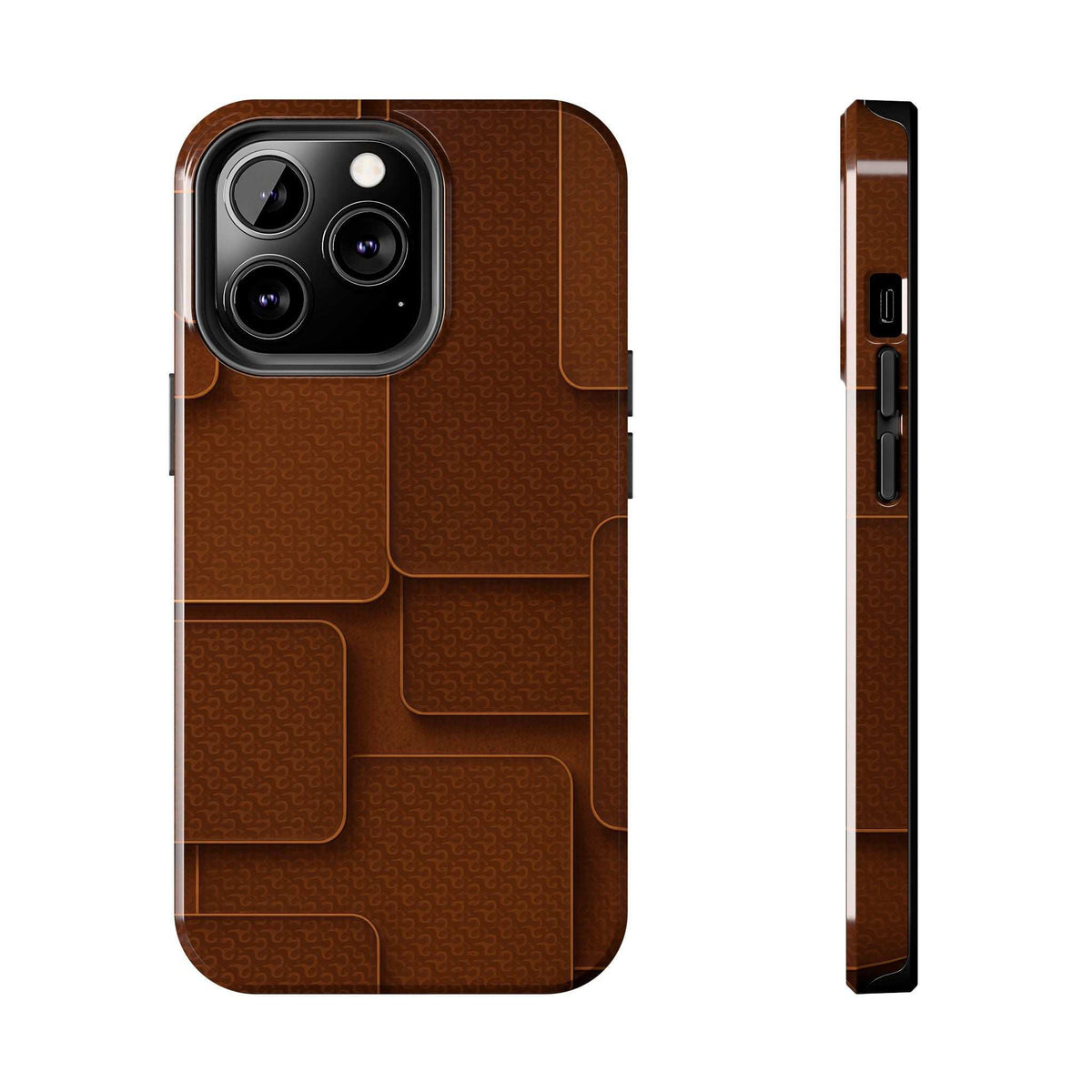 Brown textured phone case with camera cutout and side openings, front and side view