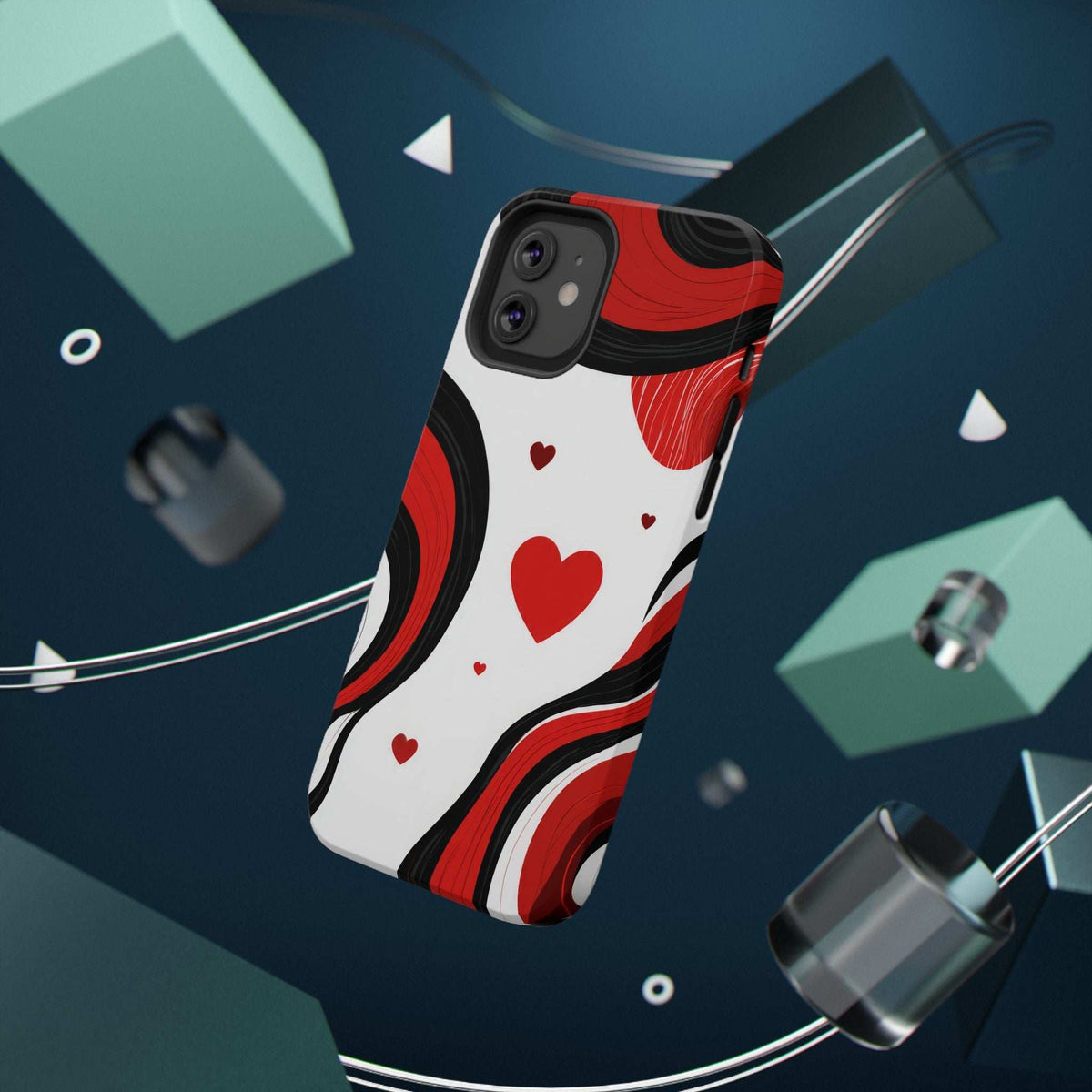 Red, black, and white heart swirl phone case; back dual camera opening visible