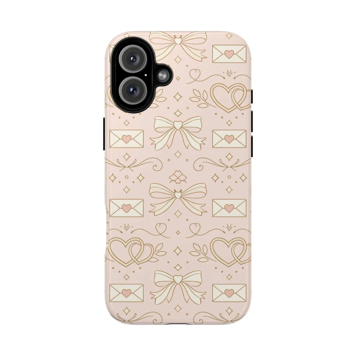Light pink tough phone case with hearts and bows; side button cutout on patterned back