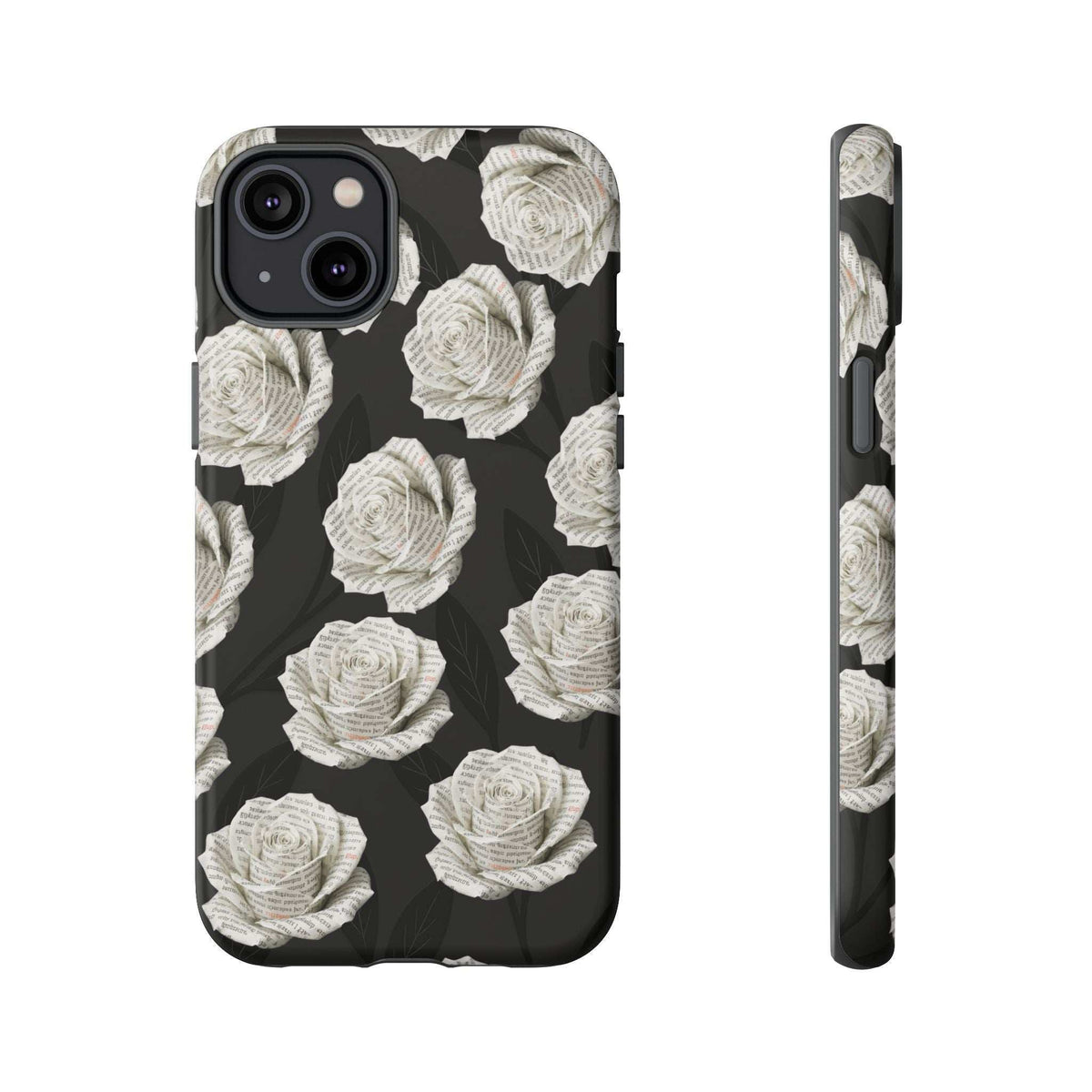 Black floral phone case with white roses; curved edges and camera cutout
